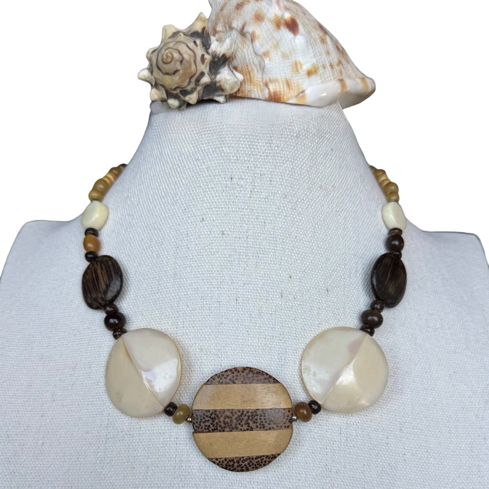Vintage Wood and Shell-Look Acrylic Beaded Statement Necklace in Earth Tones